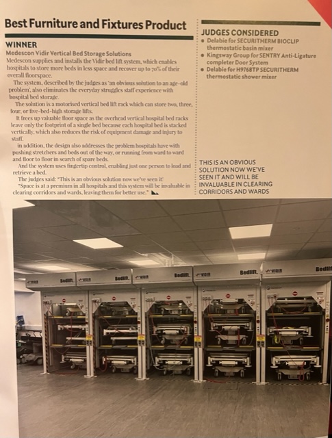 MedesconUK's tweet photo. Our vertical bedlift system gained lots of attention at the #buildingbetterhealthcareawards2022 and we were delighted to be awarded Best Furniture and Fixtures Product 2022! #storevertical #bedlifts #winner #nhs https://t.co/1HiVUayuqz