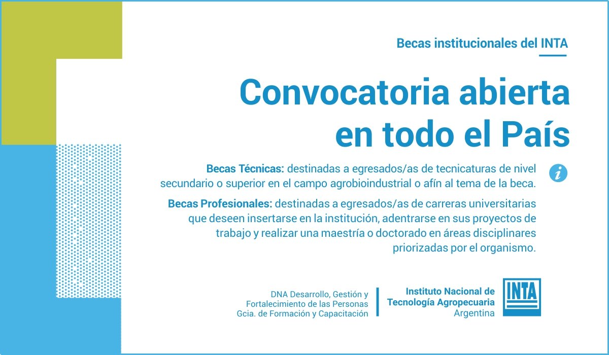 👩🎓 Accedé a nuestro programa de #becas
☑️Técnicas: para egresados/as de tecnicaturas en el campo agrobioindustrial
☑️Profesionales: para egresados/as de carreras de grado que deseen insertarse en la institución
ℹ️ Info e inscripción👉inta.gob.ar/becas
Te estamos buscando!