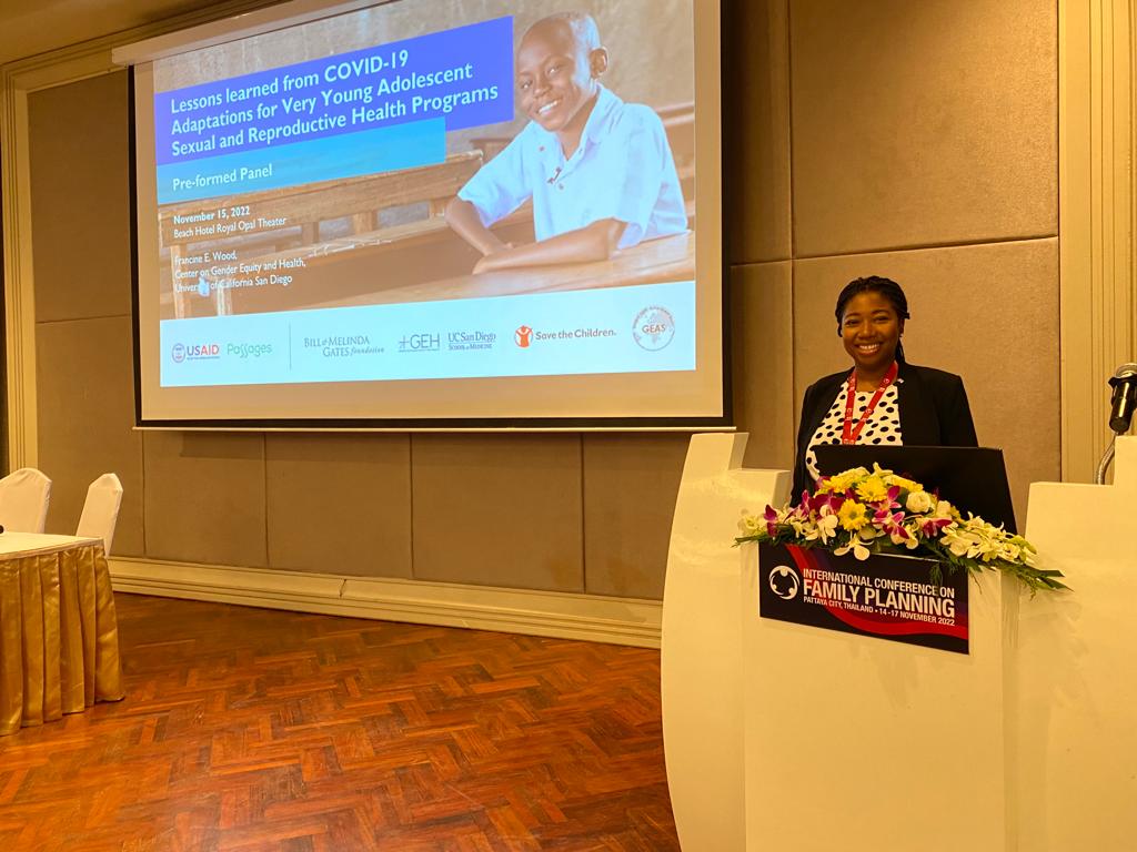 GEH_UCSD's tweet photo. In a #ICFP2022 panel moderated by GEH's Francine Wood today, reps from @SavetheChildren @WHO &amp; more discussed "Lessons learned from #COVID19 adaptations for #VYA #SRH. Happy to share our experience w/ Growing Up GREAT distance learning! 💭 https://t.co/f2VUOPnxe3