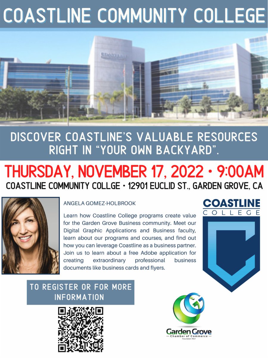 Join us this Thursday!

Learn how Coastline College programs create value for the Garden Grove Business community. Meet our Digital Graphic Applications and Business faculty, learn about our programs and courses, and find out how you can leverage Coastline as a business partner.