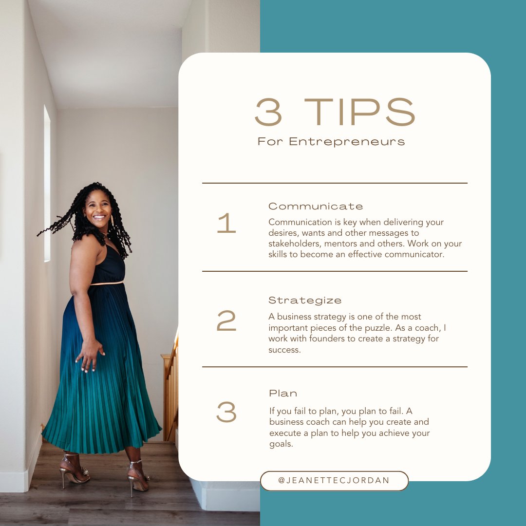 #FounderTip – As a founder, many characteristics will help you succeed. Communication, strategizing and planning will take you far! Working with me will take you further. Let's chat about your business goals. Visit jeanettecjordan.com to learn more.