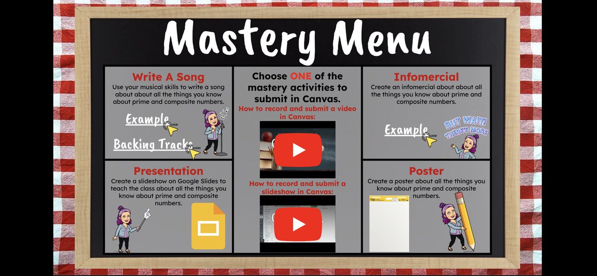 GIVE: I use #Studentcreation through choices. I keep the topic vague so they don’t feel constrained. I give them several options and the resources/autonomy they need to produce their creations. Here is an example of a mastery menu I created #GISDchat