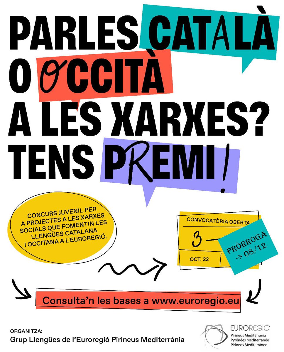 👅 Si tens entre 16 i 30 anys, i una idea per fomentar l'ús del català a xarxes, pots guanyar fins a 1200€ al concurs de l‘<a href="/Euroregion/">Euroregio</a>!🇪🇺 

+info 👉🏼 bit.ly/3LDppv8
📆 Fins al 8 de desembre!

Obert a totes les variants de català i occità del #territori #euroregio