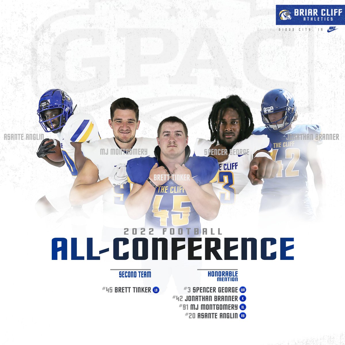 bcuchargers's tweet photo. 5️⃣ Chargers on the football all-GPAC teams!

2nd Team: Brett Tinker
HM: Spencer George, Jonathan Branner, MJ Montgomery, Asante Anglin

#BattleOn | @BriarCliffFB https://t.co/ObiUR7fEo4