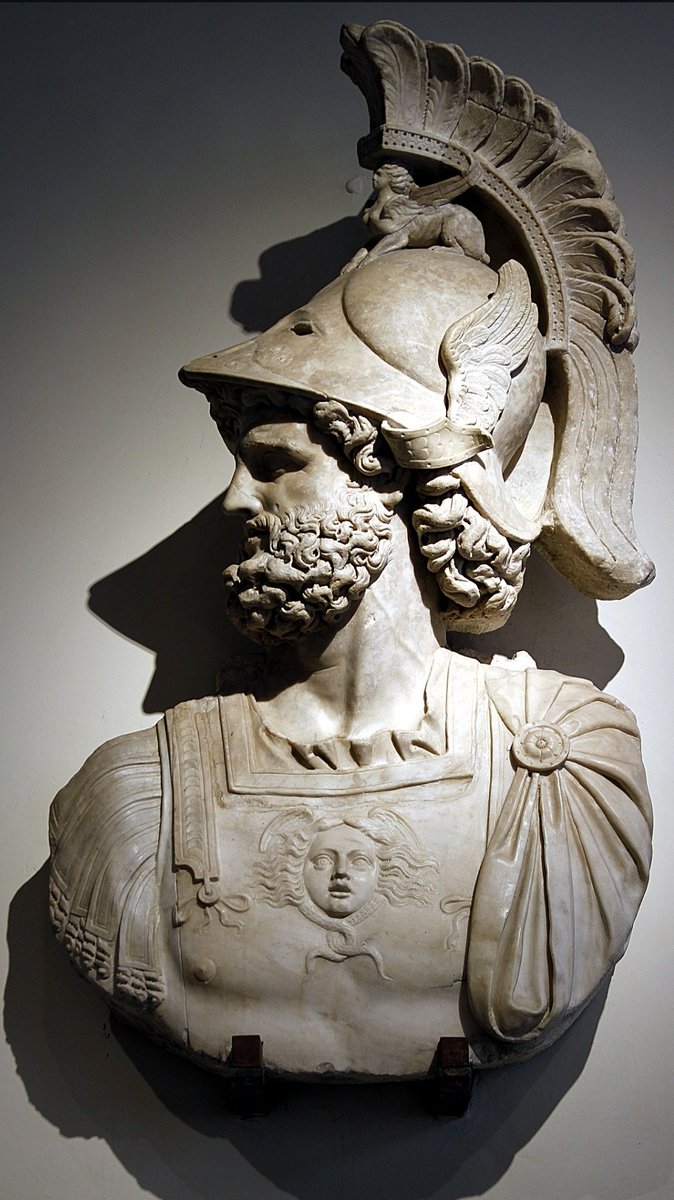 Bust of Mars Ultor (Avenger), 2nd CE, from the Forum of Augustus. Mars is the Roman personification of the Greek god of war, Ares. Mars wears a winged Corinthian style helmet adorned with the Sphinx, and Gorgon/Medusa on his cuirass. Palazzo Altemps, Rome, Italy