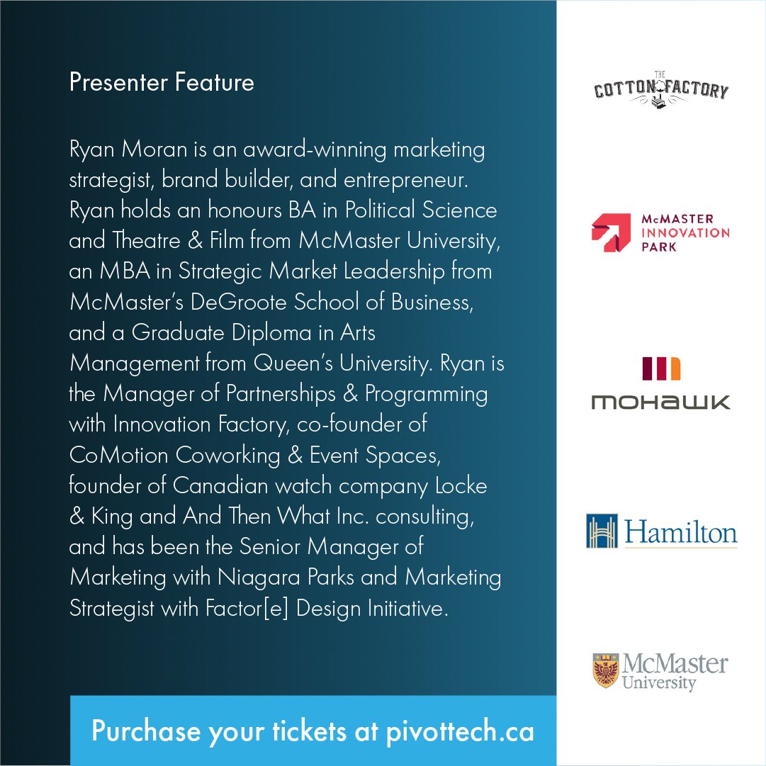PivotTechArt's tweet image. @RPMoran, Manager of Programs and Partnerships at @iF_hamont , will open the #PivotTechConference with a reflection on the meaning of #creativity and the challenge of making it come alive in organizations large and small.
You can purchase tickets @ PivotTech.ca