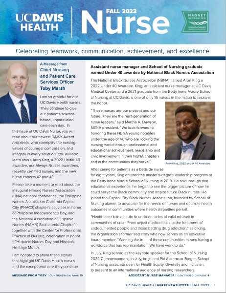 TobyMarshRN's tweet photo. I am pleased to share with you the Fall 2022 edition of UC Davis Nurse @ucdavishealth https://t.co/6Vj6e2HbBj https://t.co/FAmOjkBlNC