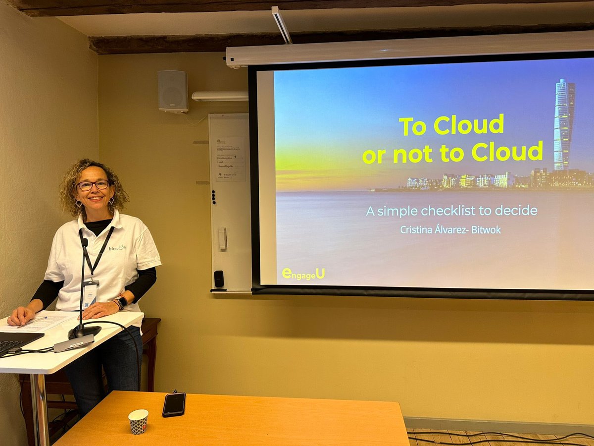 Today it was also our colleague Cristina's turn to speak at #engageU representing our company Bitwok and she commented on the topic "TO CLOUD OR NOT TO CLOUD" generating a list of options to be considered.
Bravo! 👏 @cool_joe3000