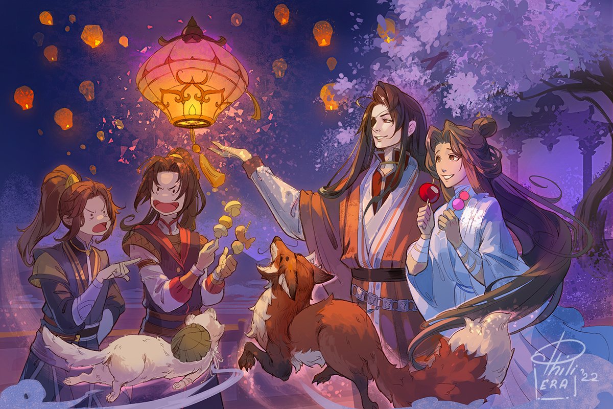 multiple boys food long hair dog lantern chinese clothes black hair  illustration images