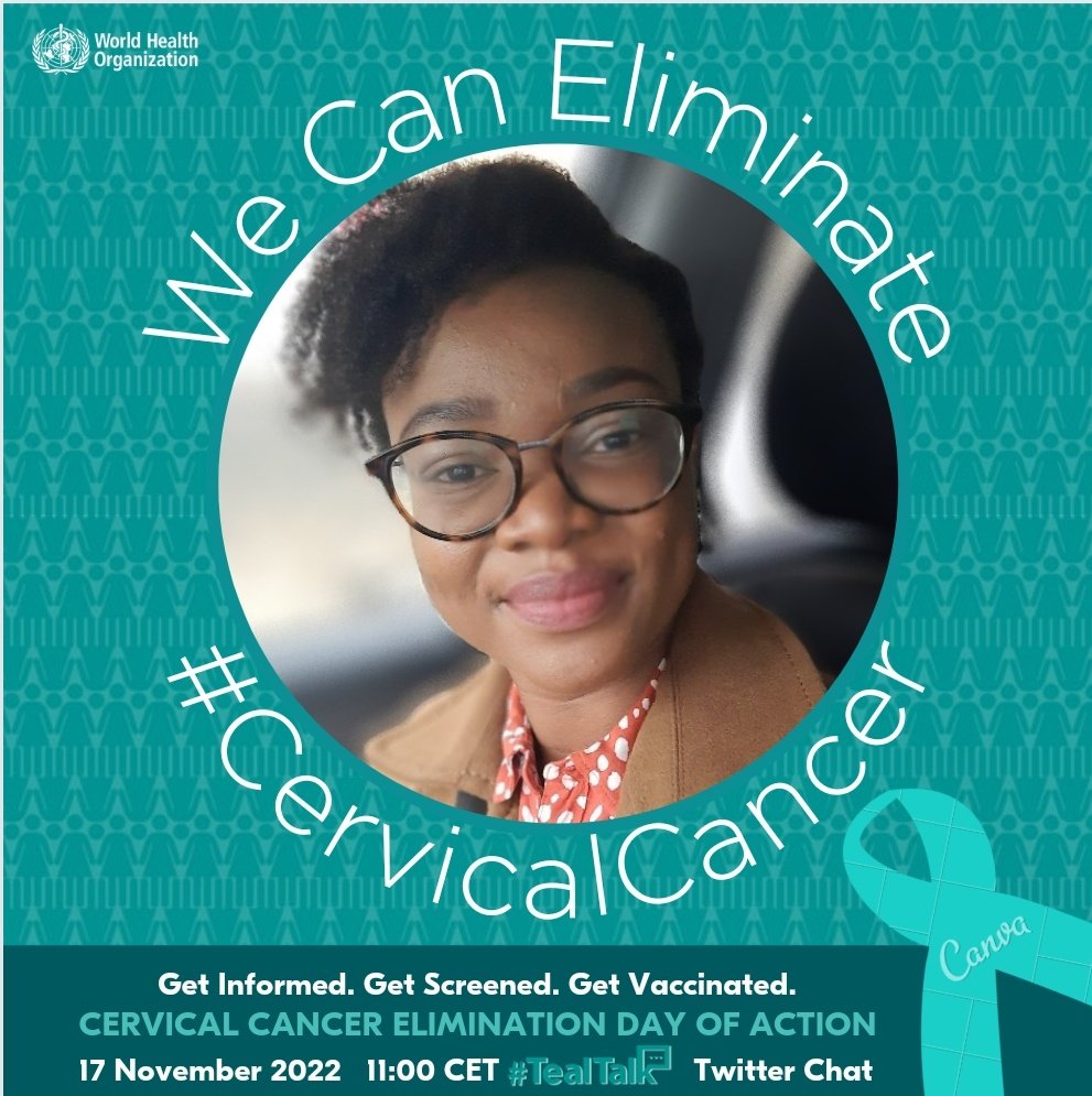 On #CervicalCancer Elimination Day of Action, I'll join <a href="/WHO/">World Health Organization (WHO)</a> and <a href="/DrNonoSimelela/">Dr Nono Simelela</a> #TealTalk Twitter Chat on 17 November at 11 CET. We can end cervical cancer. Get Informed. Get Screened. Get Vaccinated.