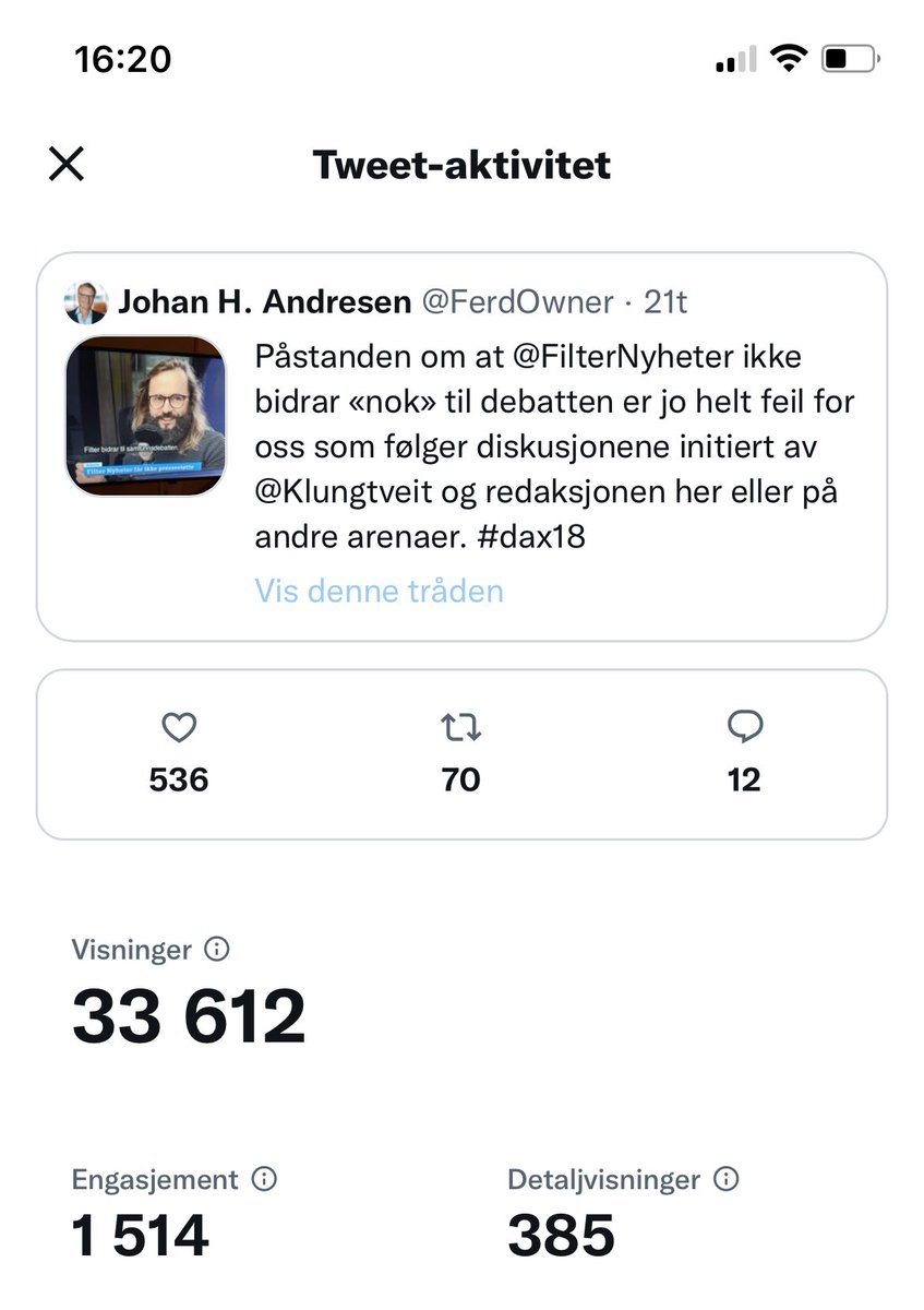 Johan H. Andresen (@ferdowner) on Twitter photo Per nå har tweeten 33612 visninger og et engasjement på 1514. Hvor mye aktivitet skal til for at <a href="/Medietilsynet/">Medietilsynet</a> mener at <a href="/FilterNyheter/">Filter Nyheter</a> fortjener pressestøtte? Per nå har tweeten 33612 visninger og et engasjement på 1514. Hvor mye aktivitet skal til for at <a href="/Medietilsynet/">Medietilsynet</a> mener at <a href="/FilterNyheter/">Filter Nyheter</a> fortjener pressestøtte?