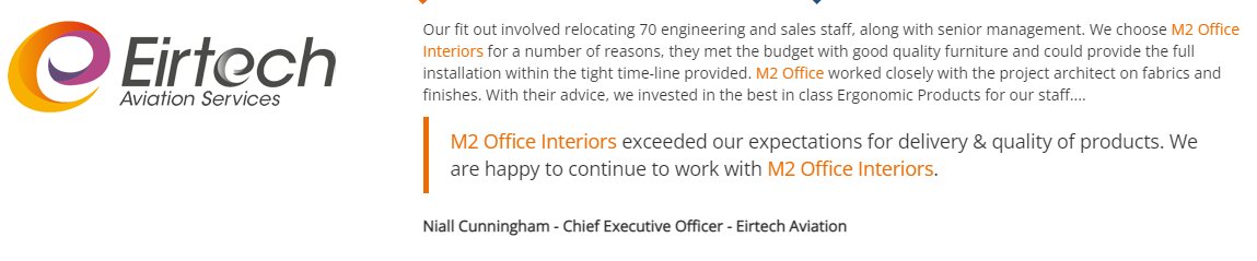m2_office's tweet photo. #testimonialtuesday 
See what @EirtechAviation   had to say about our services after we helped fit out their office interiors &amp; supplied them with the best quality furniture. 
To find out more about our other projects, visit: https://t.co/xv5JU0Hz19

#testimonial #fitout https://t.co/lzL6oasLEn