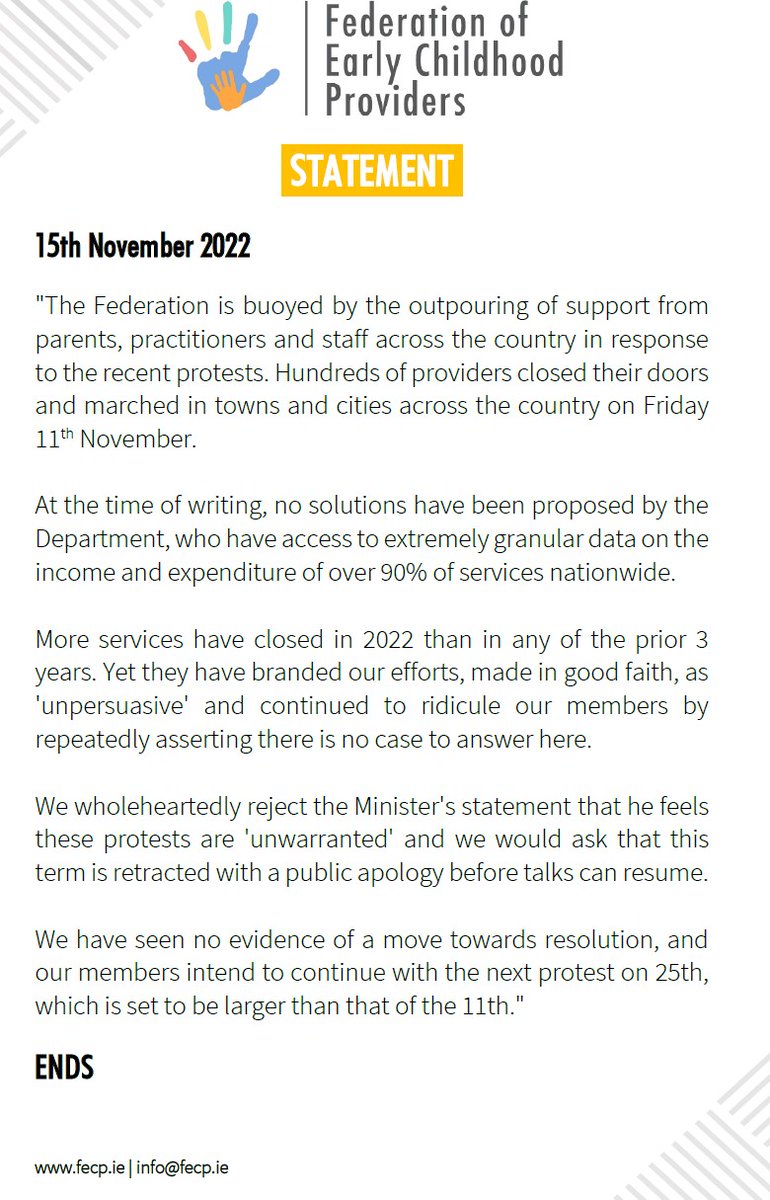 The Federation of Early Childhood Providers (@federationearly) on Twitter photo FECP Statement:
<a href="/rodericogorman/">Roderic O’Gorman TD</a> @dcediy <a href="/MichealMartinTD/">Micheál Martin</a> <a href="/LeoVaradkar/">Leo Varadkar</a> <a href="/EamonRyan/">Eamon Ryan</a> FECP Statement:
<a href="/rodericogorman/">Roderic O’Gorman TD</a> @dcediy <a href="/MichealMartinTD/">Micheál Martin</a> <a href="/LeoVaradkar/">Leo Varadkar</a> <a href="/EamonRyan/">Eamon Ryan</a>