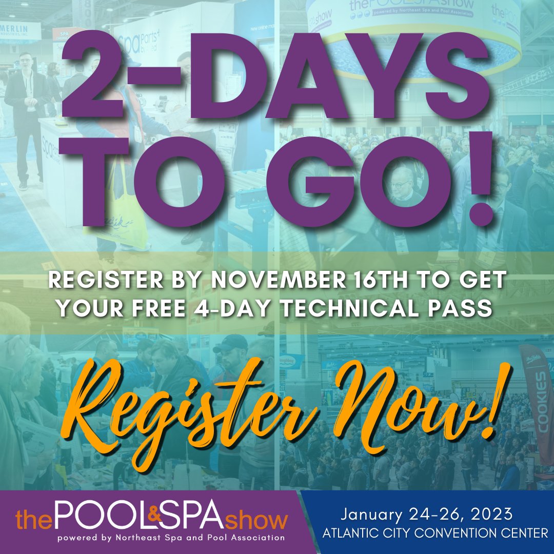 Clock is ticking! You can still catch our EARLY BIRD REGISTRATION! Register before 12 Midnight of NOVEMBER 16 and save $85 on every person you bring for the #poolandspashow!

Click on this link to register : bit.ly/3T6Jhte