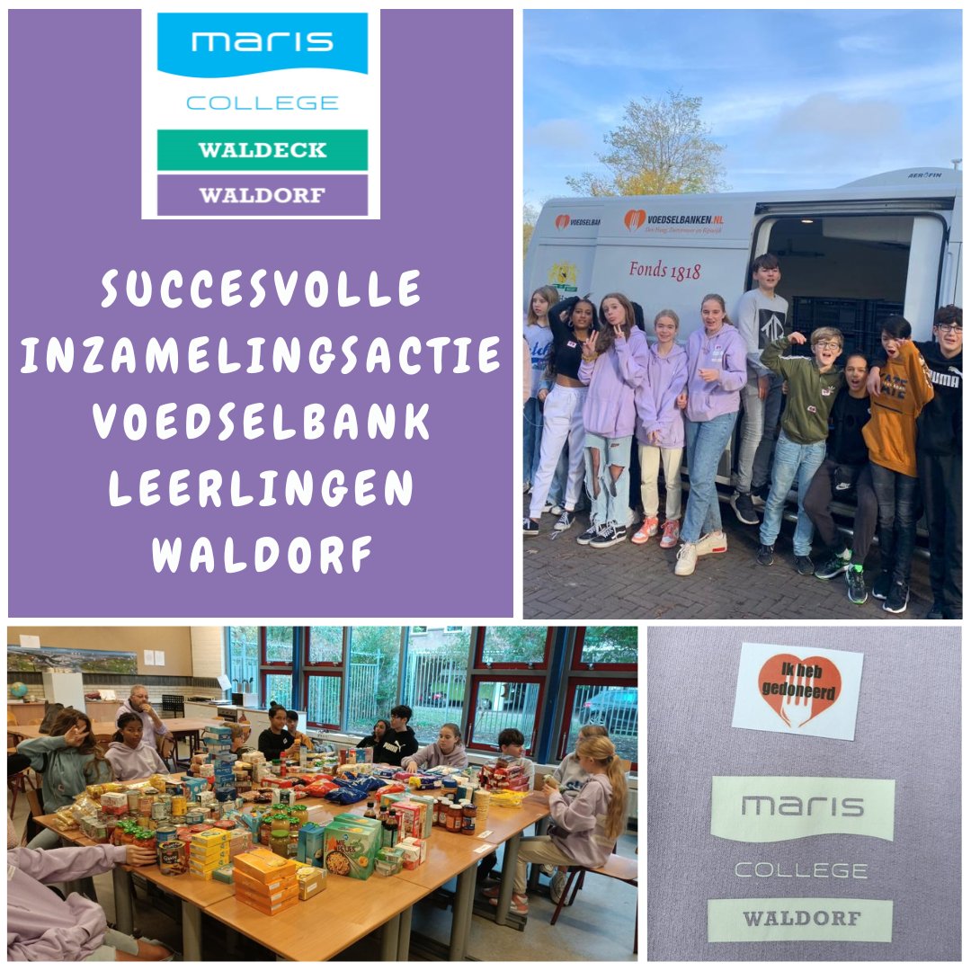 maris_college's tweet photo. Op Maris College Waldeck heeft de vrijeschoolstroom Waldorf (klas 1wE) vorige week een inzamelingsactie voor @VoedselbankenNL georganiseerd. De leerlingen hebben alle klassen en docenten opgeroepen om een bijdrage te leveren en de opbrengst was zeer succesvol! 
#goededoelen https://t.co/7RB3ZXWU21