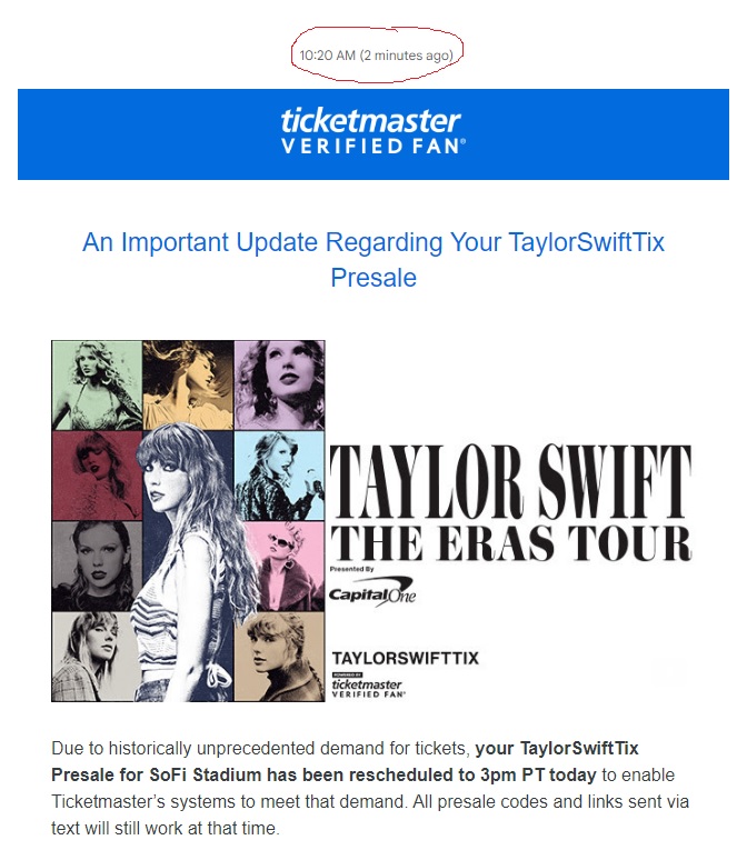 AshleyBendas's tweet photo. When presale was supposed to start at 10am PT, why didn't this notice get sent out like LAST NIGHT, or at least BEFORE 10am today? Eesh, @ticketmaster. https://t.co/t4hW8xXqRg