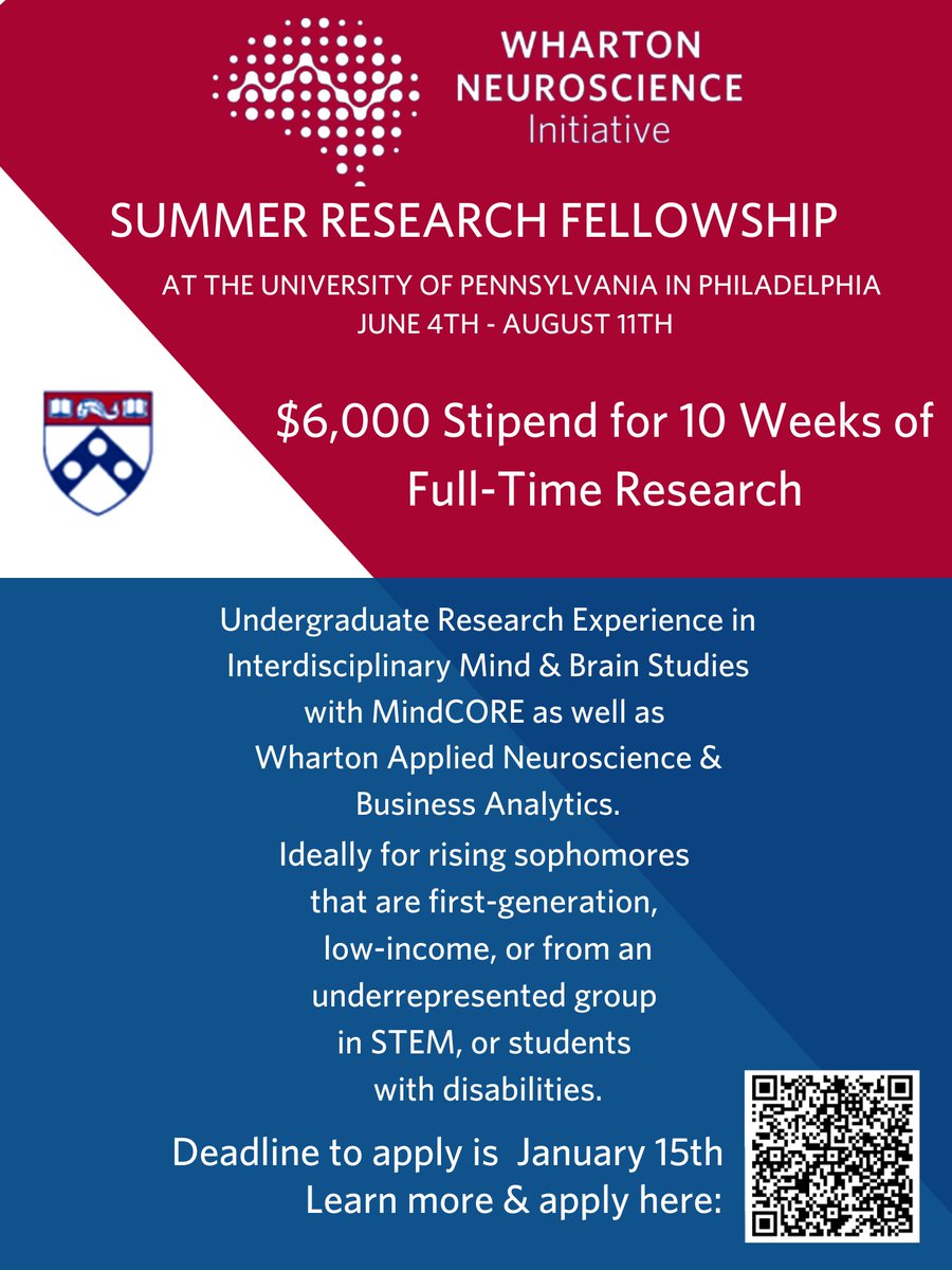 whartonbrain's tweet photo. Calling all students curious about the intersection of neuroscience, analytics, &amp; business! @PennMindCORE WiN Summer Fellowship Program Application is LIVE! https://t.co/99sYuNjdlp. Apply by 11:59pm EST on January 15, 2023 to be considered. #WhartonBrain @WhartonAnalytics https://t.co/2qXinQFsgM