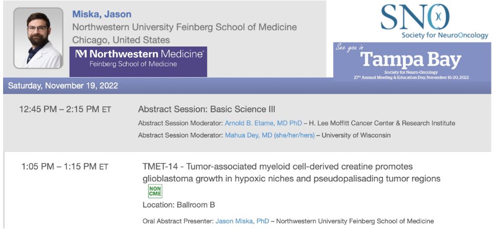 <a href="/JasonMiska1/">Jason Miska</a> presenting @ #sno2022 <a href="/NeurosurgeryNM/">Neurosurgery at NM</a> on #metabolism #gbm