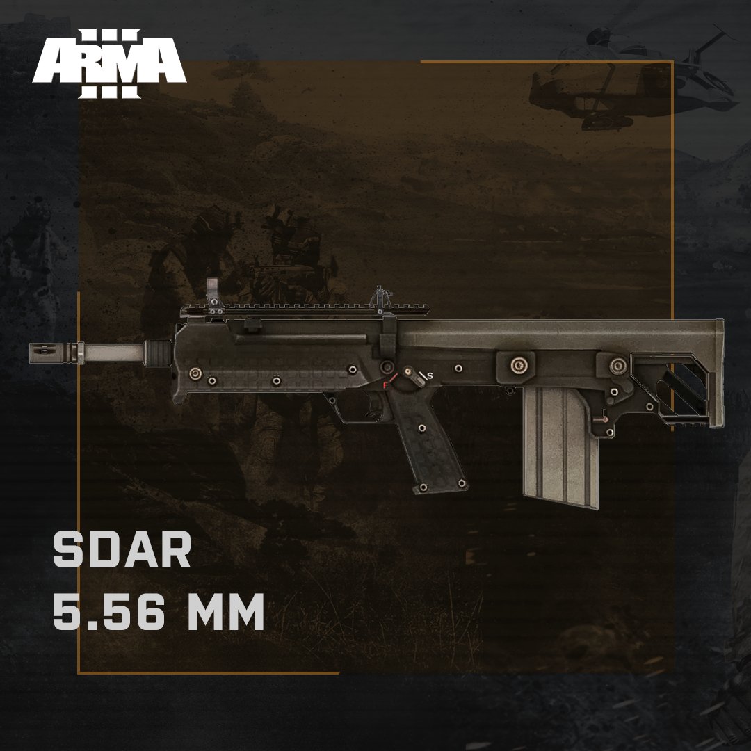 ArmaPlatform's tweet photo. #Arma3 #LegendaryAssets
#8 - SDAR 5.56 mm
The Special Dual-medium Assault Rifle is a bullpup rifle specially designed to allow shooting both on land and under water. It uses a standard 5.56x45 mm round or special supercavitating ammo which is efficient when used under water. 1/3 https://t.co/EmaE0KUEi6