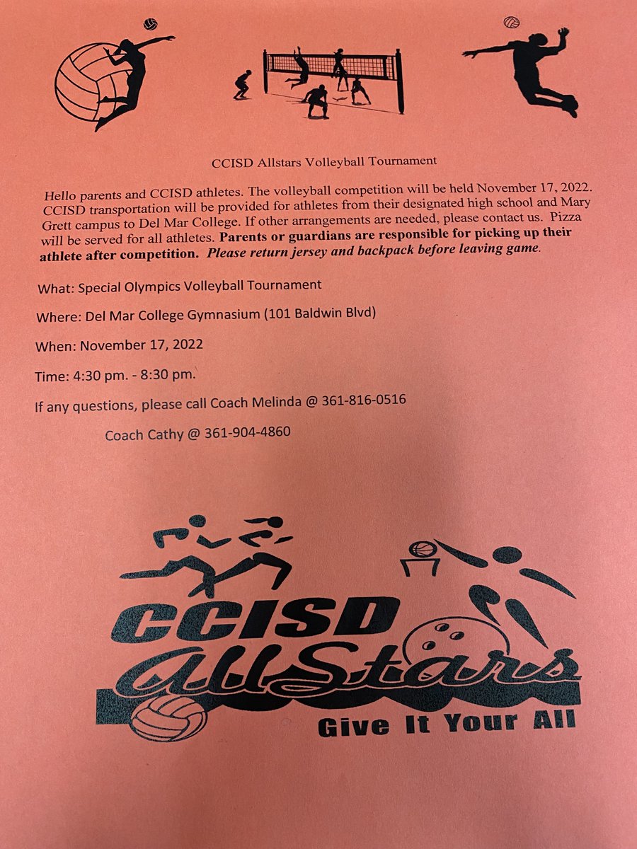 CcisdA's tweet photo. Please join CCISD Allstars this Thursday for their annual VB tournament at Del Mar College gymnasium. Our athletes and coaches are very excited to be competing against other delegations in our area. Come support your district athletes! @ccisdproud @r0hernandez @13bjmarshall https://t.co/MAhDNZioQP