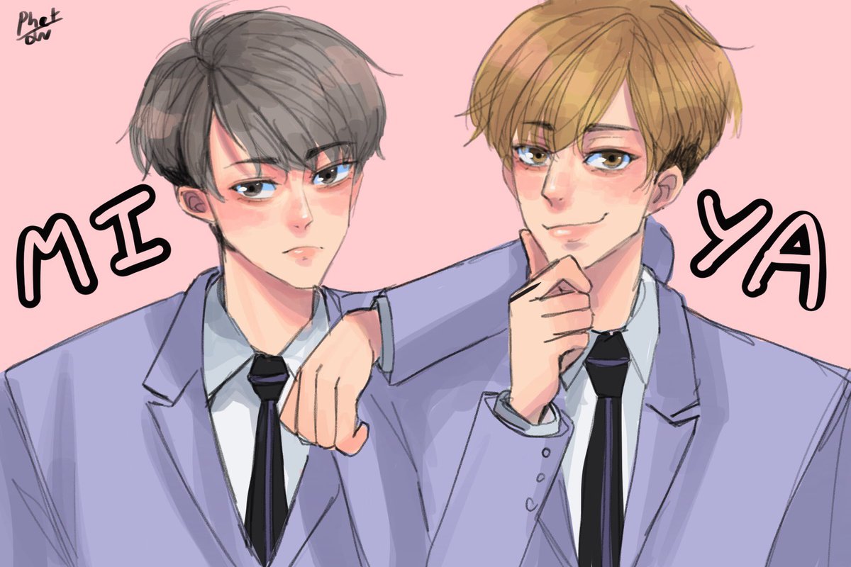 multiple boys 2boys male focus necktie school uniform pink background brown hair  illustration images