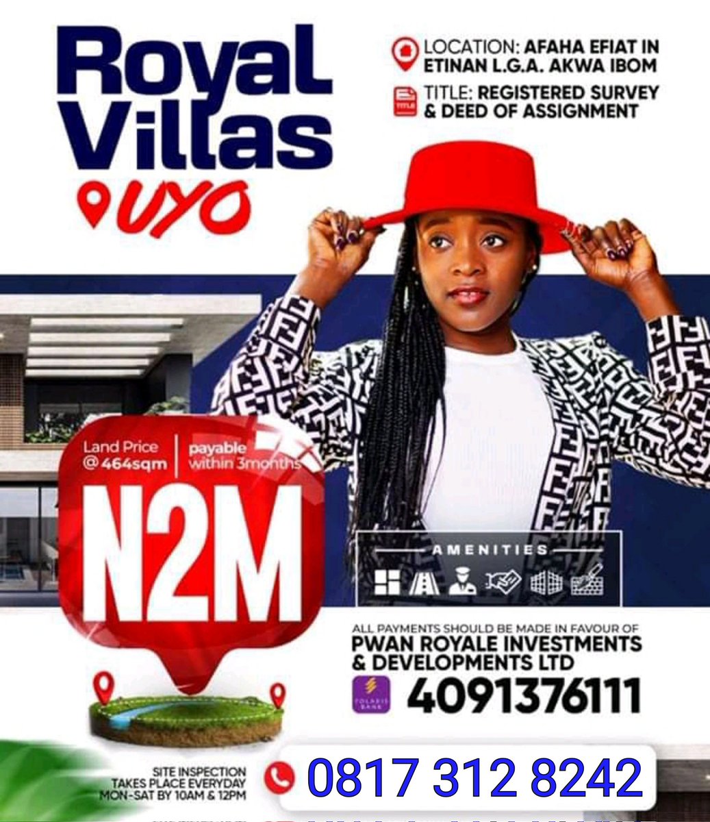 PwanHomesInvest's tweet photo. New Estate births #REJOICE_VILLAS @ Afaha Efiat #Etinan LGA AkwaIbomState
#OfferPrice ₦2M @ 464m²
#PromoOffer Subscribe for 5 plots and get 1 plot free
🤳 08173128242
#Dollar #InvestInUyo
#realestateinnigeria #nigeriansinitaly #EstateReels #Nigeriansinturkey
#nigeriansinuk https://t.co/hGBkepVhu3