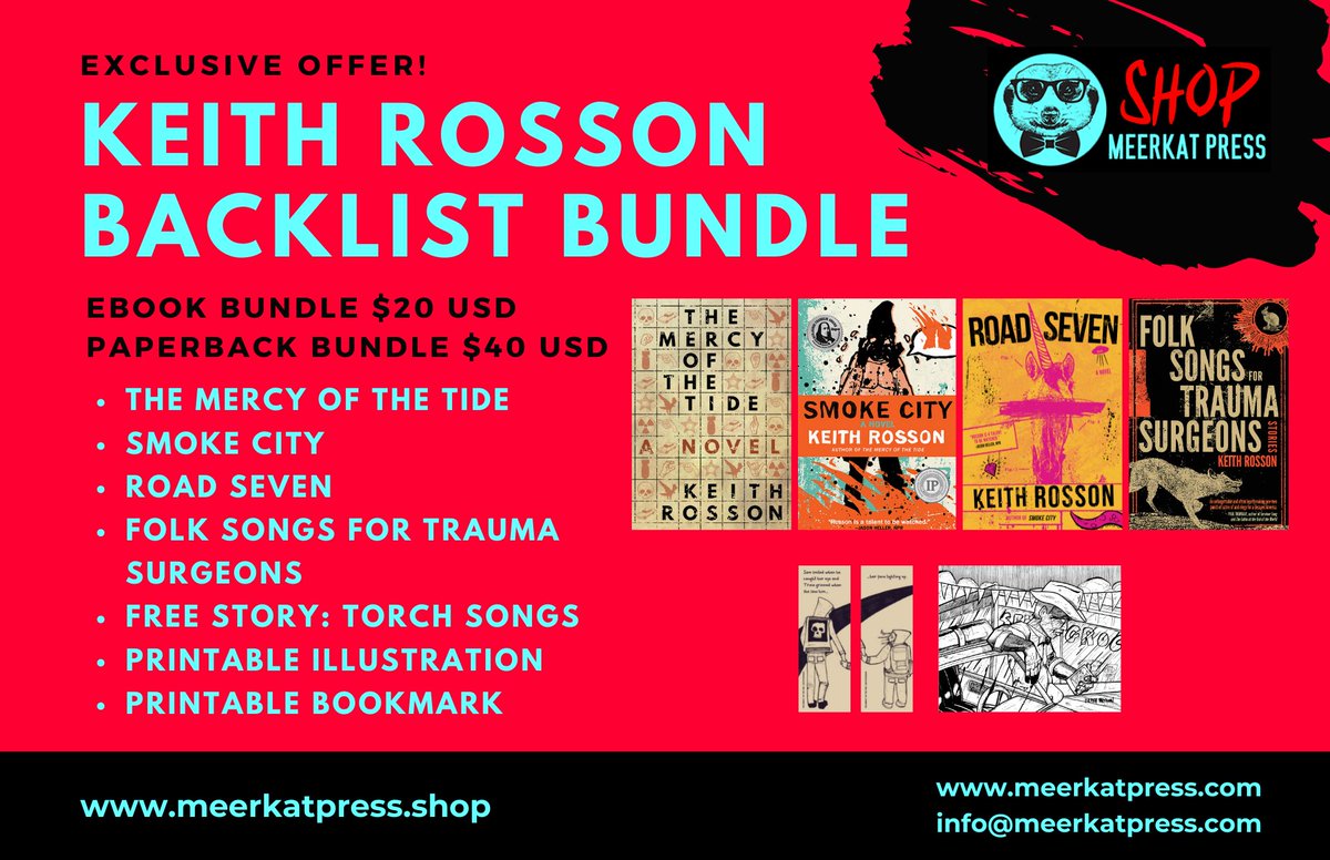 MeerkatPress's tweet photo. @Keith_Rosson's Fever House coming from Random House in 2023, but DON'T WAIT to check out his work. Deeply discounted Backlist Bundle in both print &amp; ebook w/ digital SWAG #genrebender #magicalrealism

PRINT BUNDLE: https://t.co/o6SI8OoCtA 
EBOOK BUNDLE: https://t.co/sVQ50w1eiM https://t.co/US1dP9ZYDm