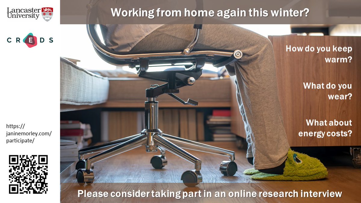 How do you keep #warm when #WFH?

If you are UK-based &amp; worked from home, at least some of the time, over the last two winters I'd like to invite you to share your experience &amp; ways of keeping warm in an online research interview:
janinemorley.com/participate/
#energy #heating