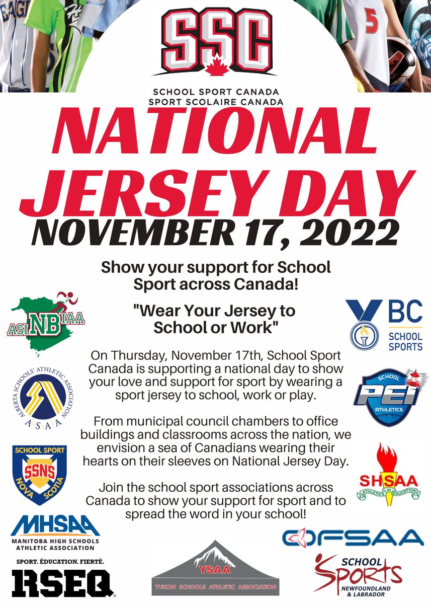 This Thursday, November 17 is National Jersey Day! Show your support for School Sport across Canada and wear a sport jersey to school or work! Be sure to share or tag PEI school sports with photos on Jersey Day!  Spread the word in your school or work place!