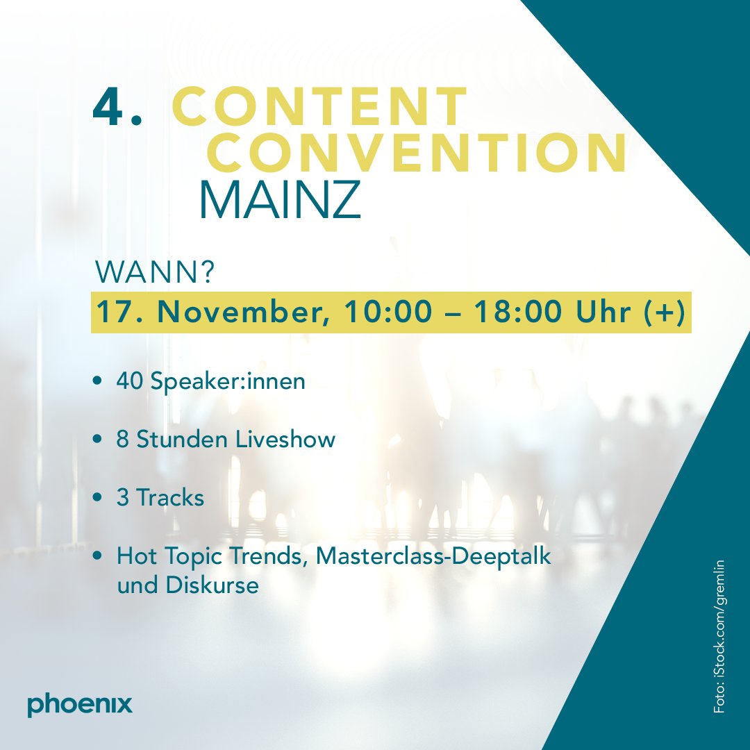 phoenix_de's tweet photo. Bei der #ContentConvention in Mainz geht's am 17. November zum 4. Mal um neuen #Content, neue Kanäle & neue Technologien. 40 nationale und internationale Speaker:innen sprechen zu aktuellen Hot Topics, Trends und Diskursen. Die #ConCon22 Live mitverfolgen: https://t.co/ecYg3iOFk0 https://t.co/VlOplNN7B0