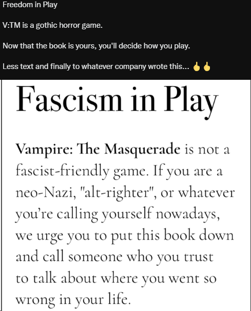 RuffleJax's tweet photo. "whatever company wrote this" buddy I assure you it was me at 3am after experiencing alt-right LARPers playing fascist Gangrel for several years and also I got paid pretty well for it too https://t.co/54IadQ0RDt