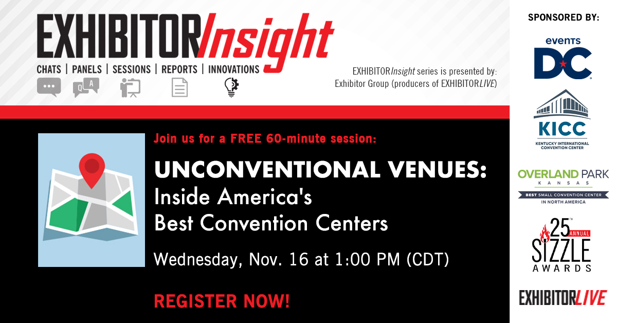 EXHIBITOR's tweet photo. NEW Insight Panel: Inside America's Best #ConventionCenters
Get your #ConventionCenter questions answered by @OverlandParkCC, @TheEventsDC, @KYConvention.
When: Wednesday, Nov. 15, 1pm.
Register: https://t.co/VlQ1beQ4x4
#tradeshows #eventprofs #b2b #corporateevents #events https://t.co/UWwM1WCkBj