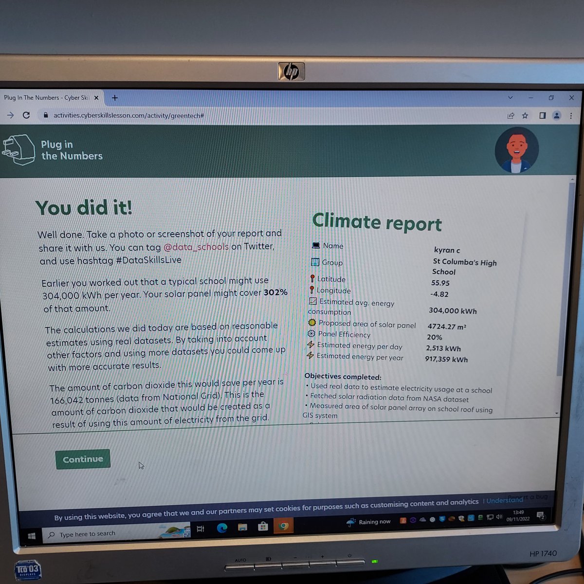 S1 calculating how much energy our school could produce if we covered the roof in solar panels #COP27 #GlobalGoals <a href="/_stcolumba/">St.Columba's HS, Gourock</a>