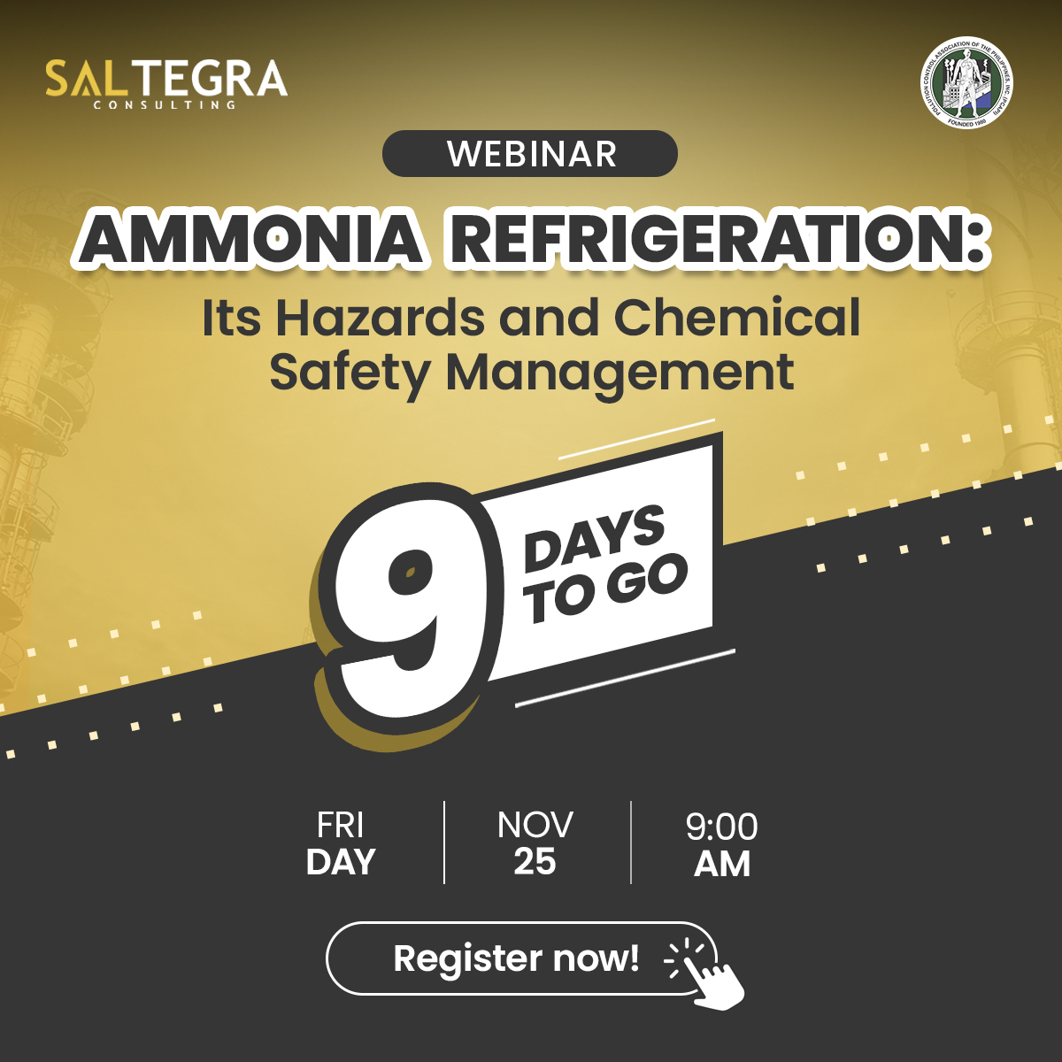 Haven’t registered yet? Now is the time to do it!

If you are a mechanical or chemical process engineer, this Ammonia Refrigeration webinar by Saltegra, in collaboration with PCAPI, will be greatly helpful in broadening your knowledge on different topics.

See you on November 25!