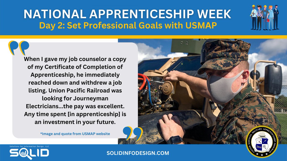 SOLIDInfoDesign's tweet image. USMAP is the largest registered apprenticeship program w/ trades across industries. New trades incl. Cyber Defense Incident Responder + Fiber Tech. Want real-world career experience while on active duty (at no cost)? Check out USMAP usmap.osd.mil