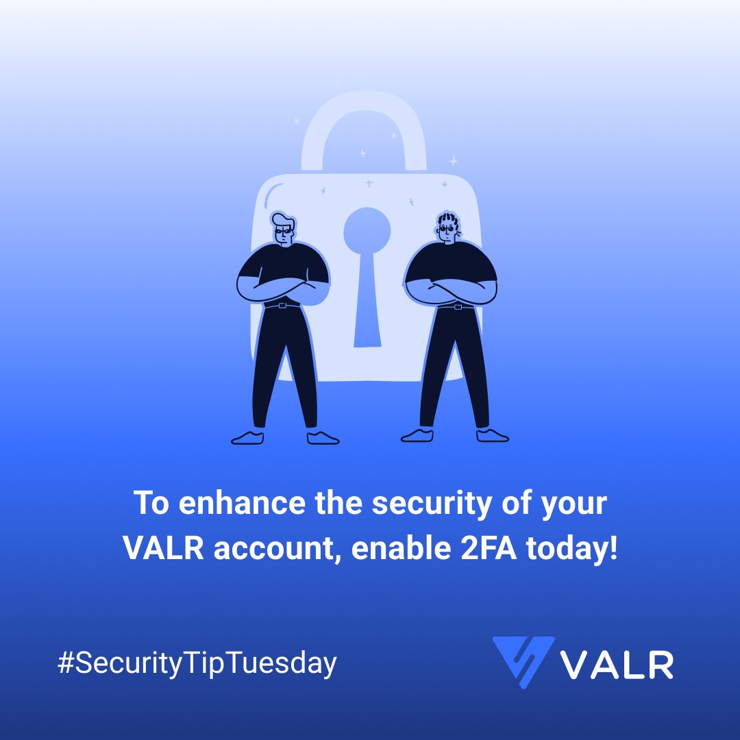 VALRdotcom's tweet photo. What is 2FA? Two-Factor Authentication (2FA) is an extra security layer to enhance your VALR account’s security by requiring a second verification step during login or specific actions.
#SecurityTipTuesday 💙 https://t.co/hm2qOAef1K