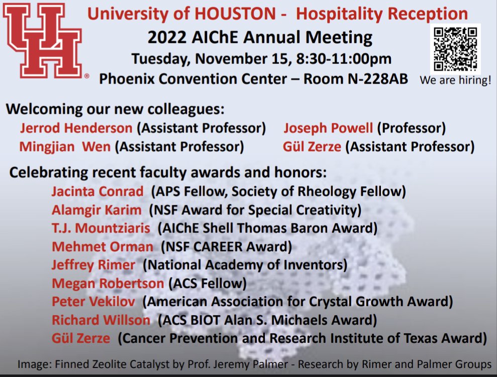 TONIGHT: our @UH_ChBE #AIChE2022 reception! Join us to meet our new hires, celebrate faculty accomplishments, and hear about our job posting in energy and sustainability. (Also, full bar.)