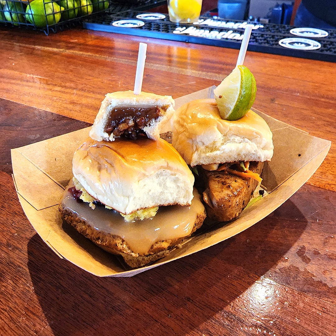 Livin' on Gobbler time... 🦃 🍔 Bar opens at 2 pm!! 

Turkey slider patty topped with cornbread dressing, gravy &amp; cranberry-jalapeño-pecan relish, with a tiny pecan pie on top 🔥 

@easyslidertx #sliderofthemonth #cominginhot #legend