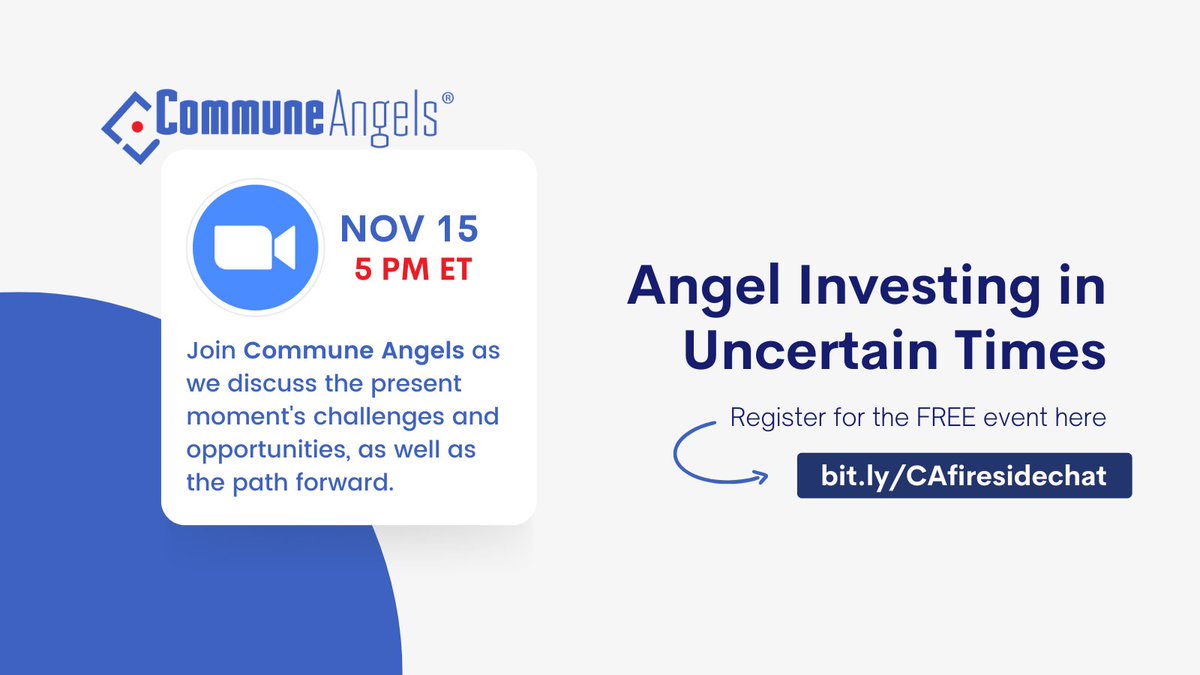 CommuneAngels's tweet image. Today is the DAY! Join us this evening at 5:00 PM ET to discuss #angelinvesting in uncertain times. 

Featuring guest speaker @etobon of @AngelesInvestor &amp;amp; Samantha Fernandez Keys as Facilitator - this is an event you don't want to miss!

Register here: bit.ly/CAfiresidechat