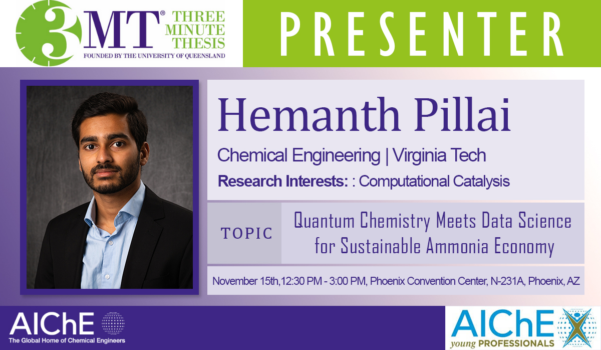 aicheecc's tweet photo. @ChEnected We are looking forward to Hemanth Pillai's presentation titled Quantum Chemistry Meets Data Science for Sustainable Ammonia Economy! #AIChE2022 #AIChEAnnual @aicheypc https://t.co/xl4RDPxpV0
