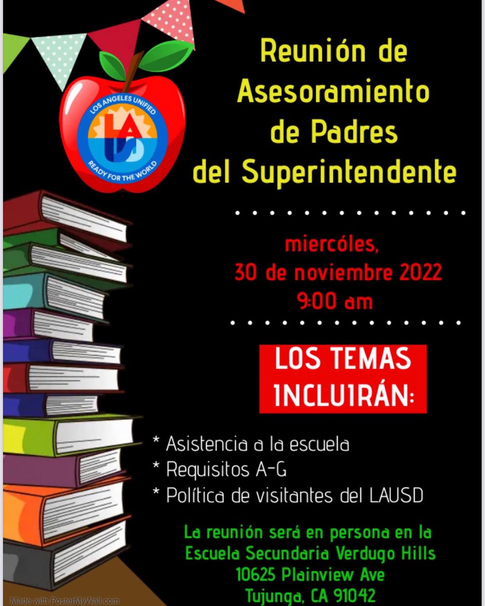 Únase a nosotros para nuestra Reunión Asesora de Padres del Superintendente el miércoles 30 de noviembre a las 9 am en Verdugo Hills High School.@Sunland_Tujunga <a href="/SunSchools/">Region North Sun Valley Network of Schools</a> <a href="/PanoramaCOS/">Panorama City Regional Network - LAUSD</a> <a href="/MsDamonte/">Pamela Damonte VN-VG Community of schools</a> <a href="/SanFerSylmarCOS/">San Fernando Sylmar COS</a> <a href="/NOHOValleyViCOS/">NOHO Valley Village COS</a>