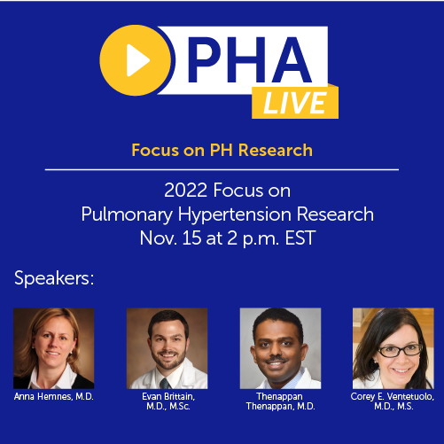 PHAssociation's tweet photo. Join us TODAY at 2 p.m. EST for the “2022 Focus on PH Research” #PHA live webinar. Experts will discuss clinical research advances and the potential impact on those with #PH. Highlights from #PHA2022 will also be shared. Register now. https://t.co/hUny1Sy9Ar https://t.co/06476yMtPM