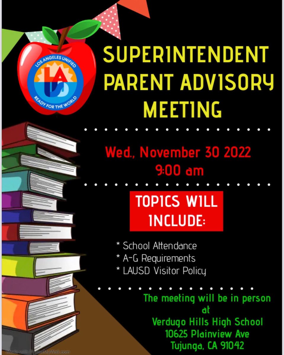 Join us for our Superintendent Parent Advisory Meeting on Wednesday, Nov 30th at 9 am at Verdugo Hills High School. <a href="/NOHOValleyViCOS/">NOHO Valley Village COS</a> <a href="/SunSchools/">Region North Sun Valley Network of Schools</a> @Sunland_Tujunga <a href="/PanoramaCOS/">Panorama City Regional Network - LAUSD</a> <a href="/SanFerSylmarCOS/">San Fernando Sylmar COS</a> <a href="/MsDamonte/">Pamela Damonte VN-VG Community of schools</a>
