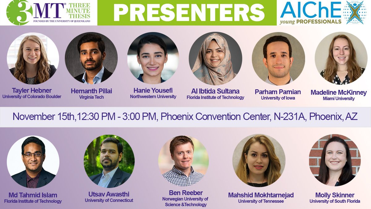 aicheecc's tweet photo. @ChEnected Good luck to all of the finalists competing today! We are so happy you could join us for the inaugural AIChE Three-Minute Thesis Competition! #AIChE2022 #AIChEAnnual @aicheypc https://t.co/Lf6ATrnkPo