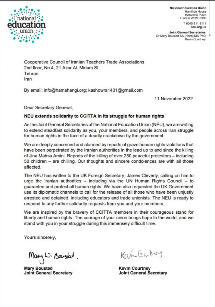 CoordinatingA's tweet photo. The NEU's letter of solidarity with #CCITTA's members, and people across Iran who are fighting for their rights.
International solidarity makes us stronger!
Thank you @NEUnion.
@eduint
#Jina_Amini #Mahsa_Amini https://t.co/dUudsVmj0W