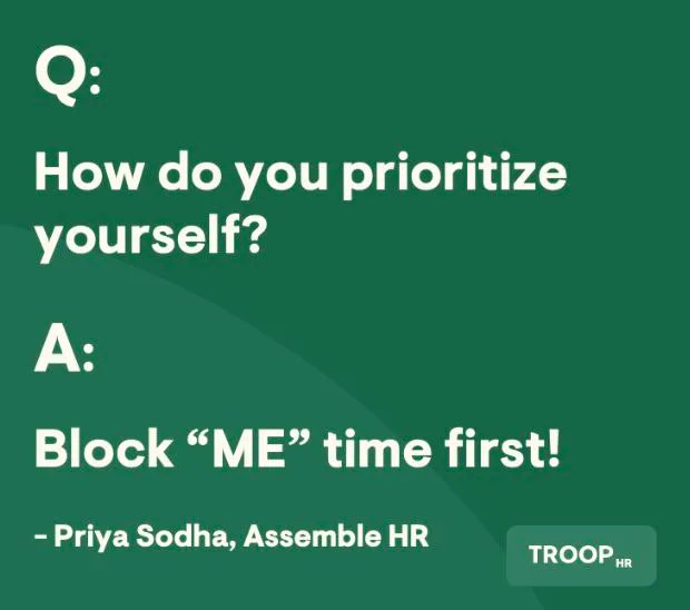 JoinTroopHR's tweet photo. Priya Sodha joined the Troop in a workshop on Peak Performance Through Prioritization. She shared the need for “Me Time” and putting yourself first, which can be hard for People Leaders. Huge thanks to Priya for teaching the importance of helping yourself before you help others!! https://t.co/bwAwbs58a7