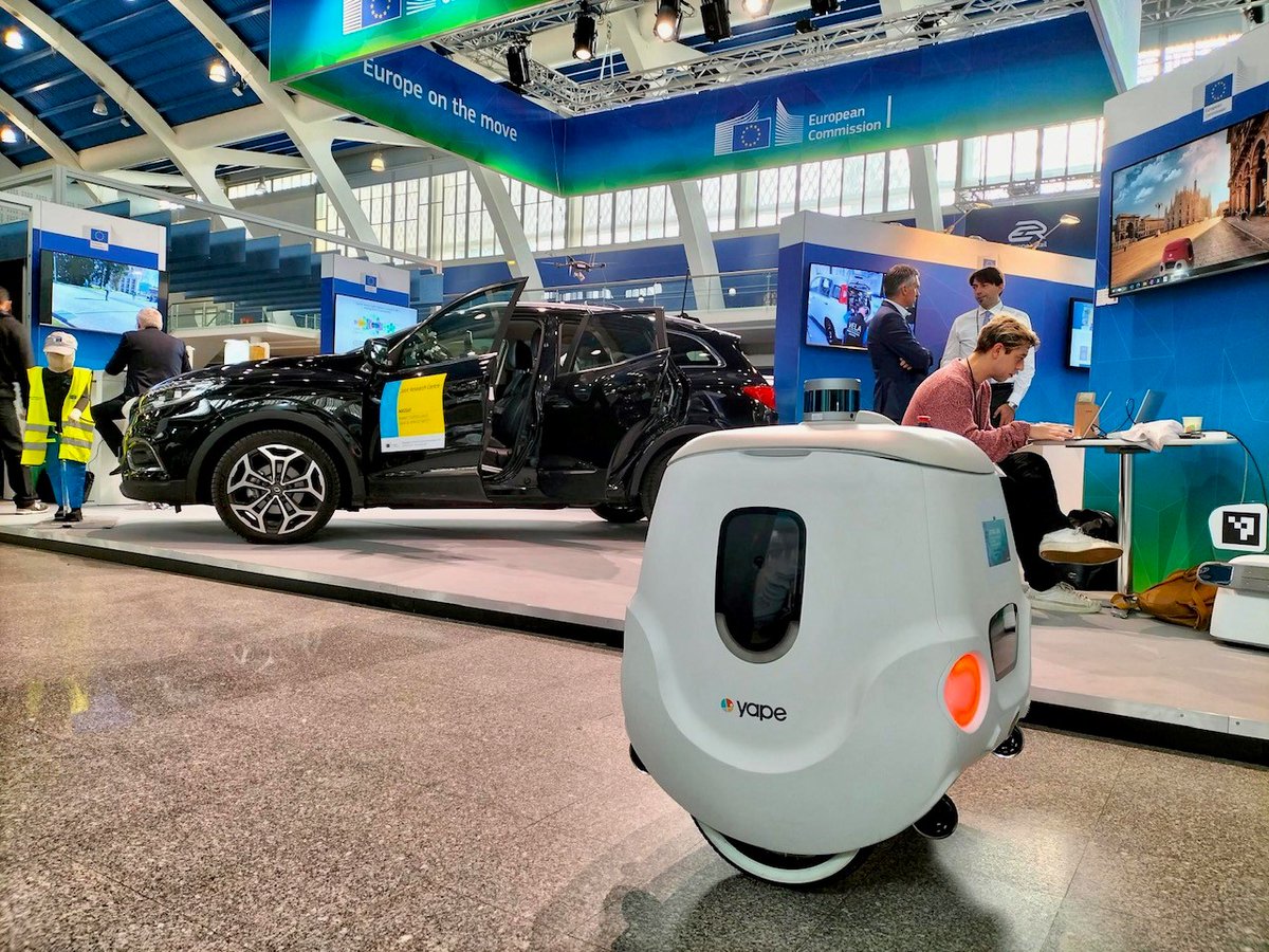 #TRA2022 Great interest at #EC stand &amp; lots of projects on display including:
🤖Delivery robots for those last mile deliveries
🛴e-kick scooters for #safeurbanmobility
🚗demos showing how we test automated vehicles

And much more. Come along for the ride❗️ 
#EU #H2020Transport