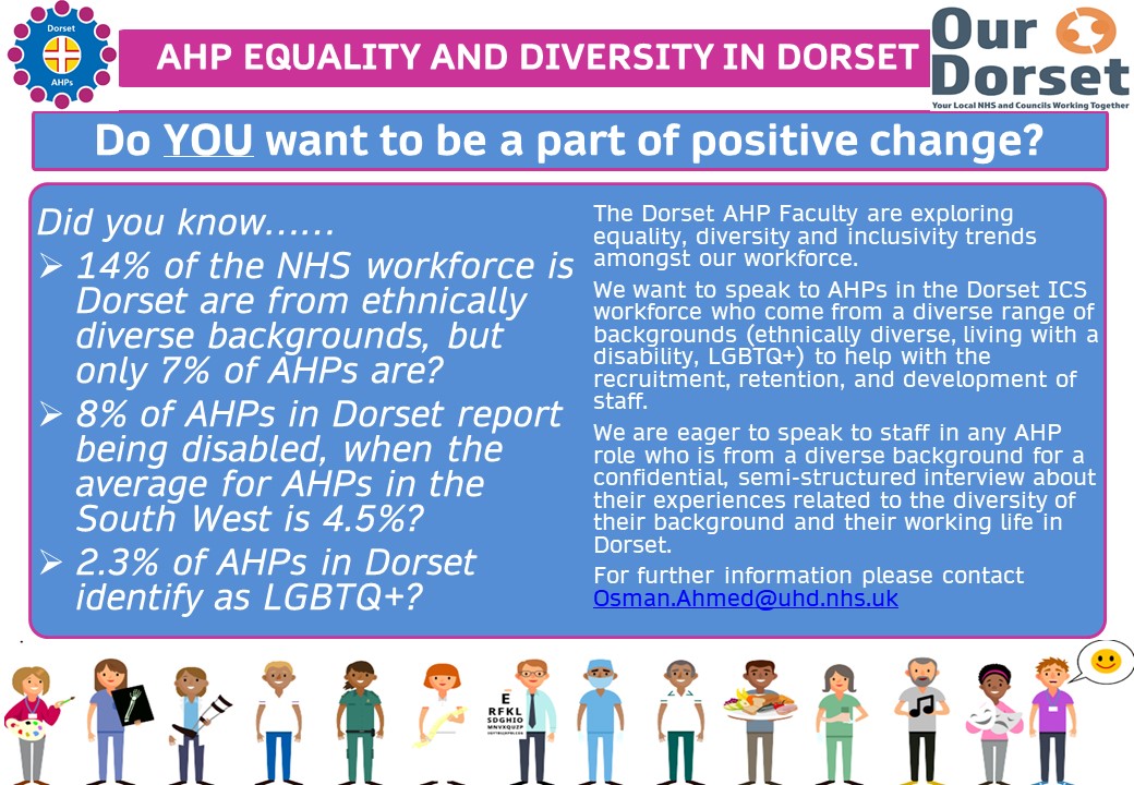 Osman Hassan Ahmed (@osmanhahmed) on Twitter photo My <a href="/DorsetAhps/">Dorset AHPs</a> secondment is looking at equality, diversity & inclusivity across Allied Health Professionals in the Dorset ICS workforce. We're conducting interviews in the coming months as per the flier below- please signpost your colleagues who may be interested towards this⬇️ My <a href="/DorsetAhps/">Dorset AHPs</a> secondment is looking at equality, diversity & inclusivity across Allied Health Professionals in the Dorset ICS workforce. We're conducting interviews in the coming months as per the flier below- please signpost your colleagues who may be interested towards this⬇️