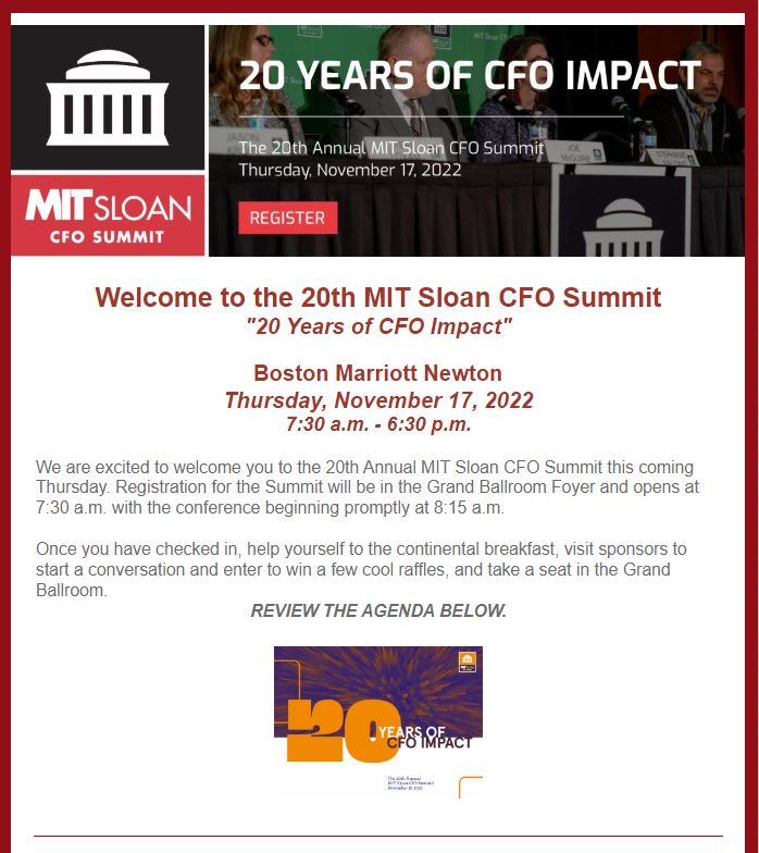 MITCFO's tweet photo. Welcome to the 20th MIT Sloan CFO Summit! Attendees, check your mailbox and we'll see you soon. https://t.co/9LmjVfsIfn
#mitcfo #leadership #impact https://t.co/pGU8w7YKMT