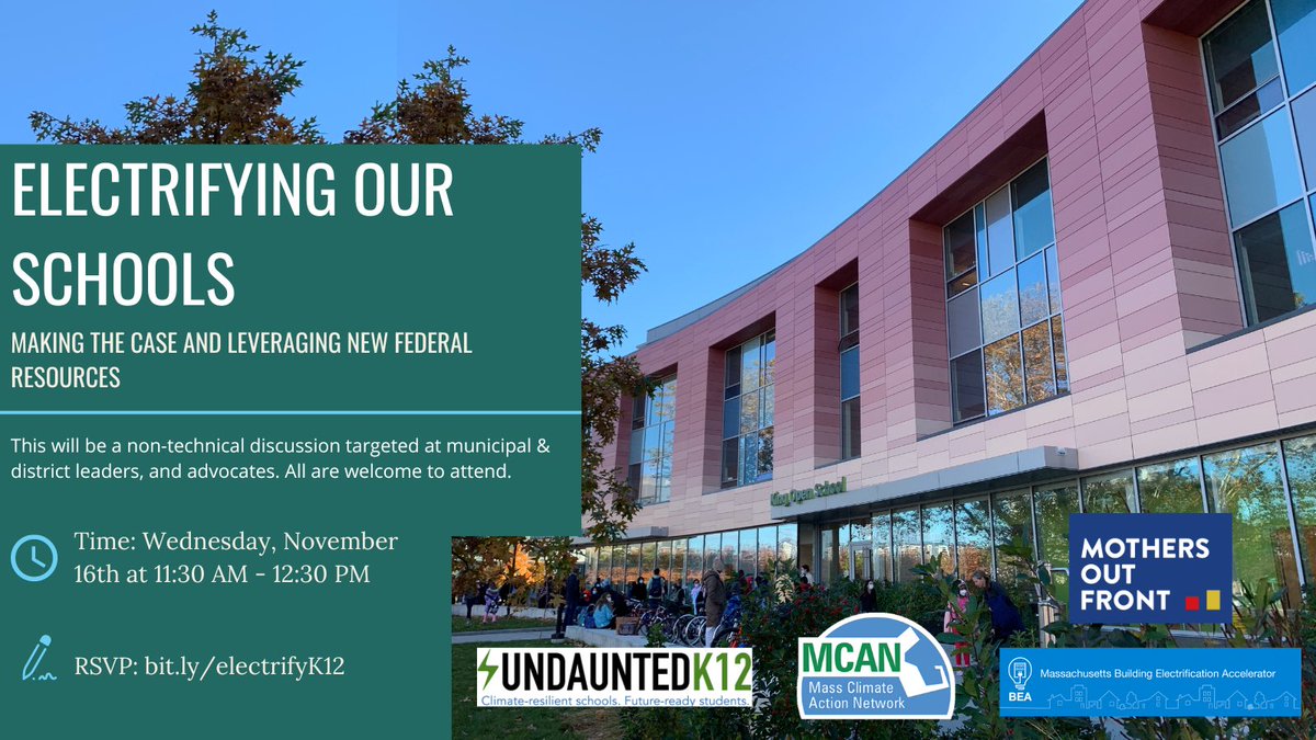 Please encourage your municipal and district leaders to join this interesting and informative meeting on school electrification. RSVP: bit.ly/electrifyK12 @MOF_Boston @MOF_Mass @EastieMOF @GreenRootsEJ @350MassAct @PattyNolan1 @qzondervan @MayorSiddiqui @JosLuisRojas16